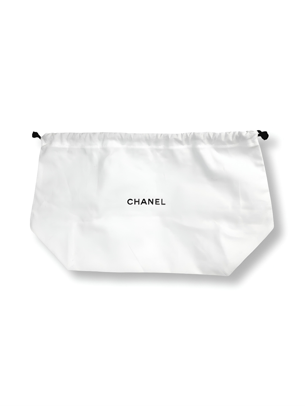 CHANEL White Pouch Dust Bag Make Up Bag with Black Logo Drawstring Authentic